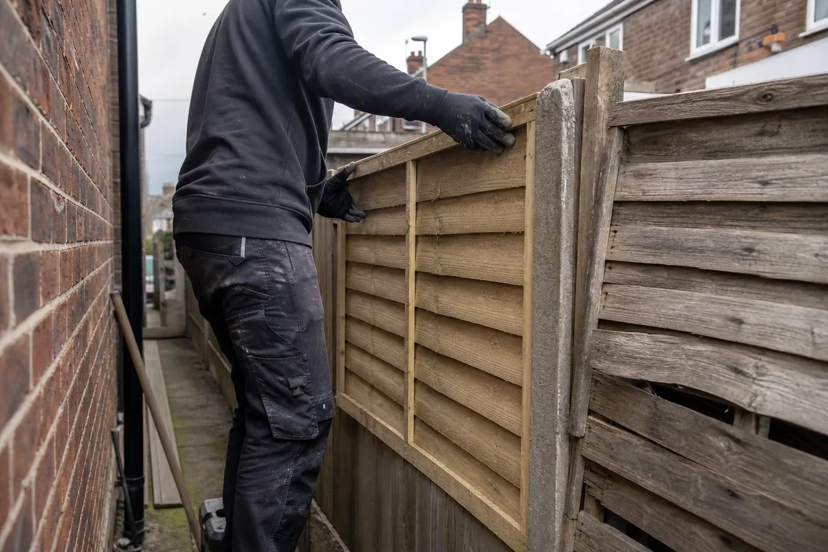 Damaged garden fence being repaired in Sheffield